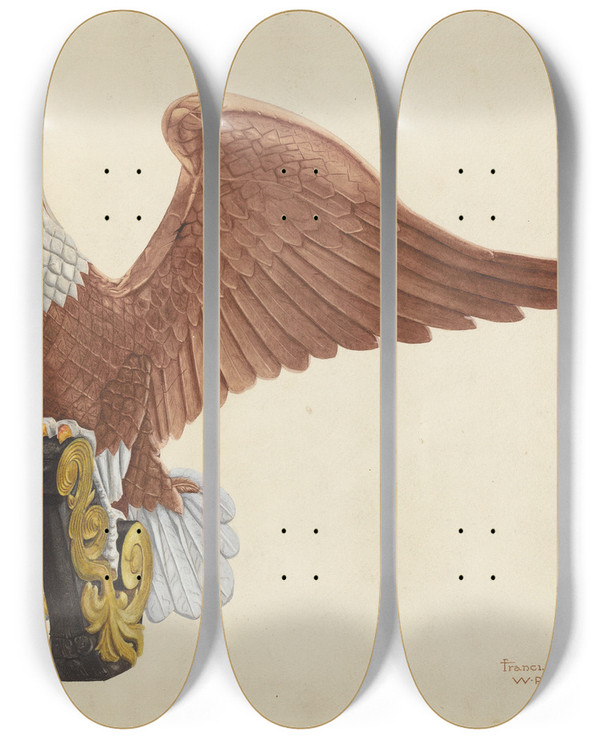 Triptych art skateboard deck of Fw Powell Eagle Figurehead by F.W. Powell