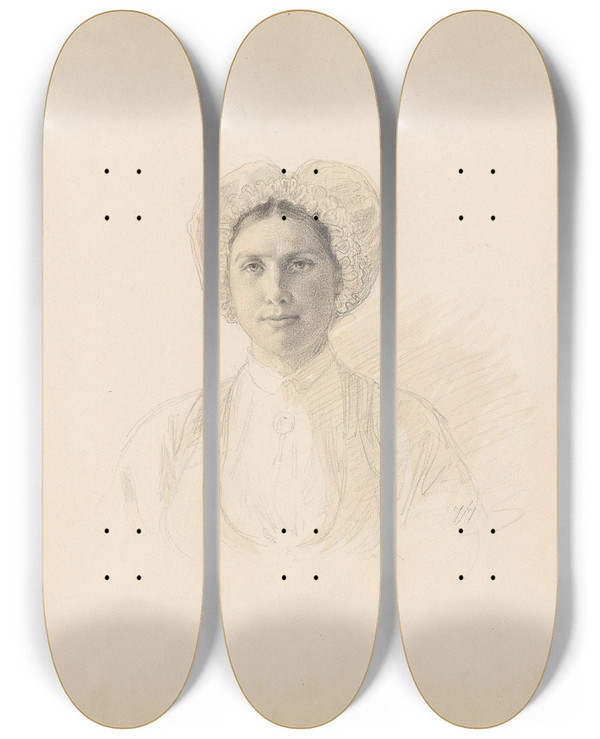 Triptych art skateboard deck of Adolph Tidemand Kvinne Voss by Adolph Tidemand (1814-1876)