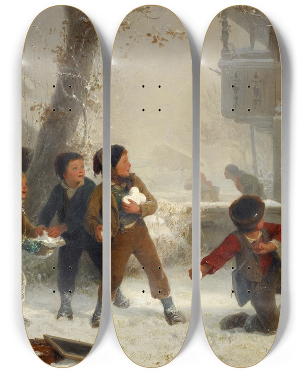 Triptych art skateboard deck of Edouard Girardet Snowball Fight by Edouard Girardet (1819-1880)