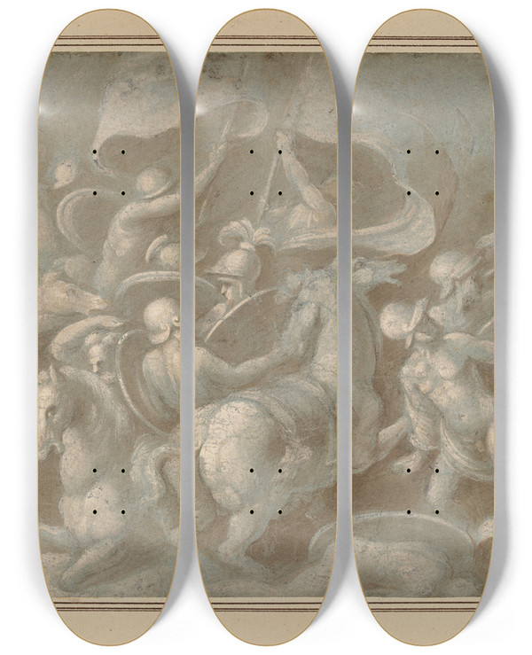 Triptych art skateboard deck of Biagio Pupini Battle Scene by Biagio Pupini (1511-1551)