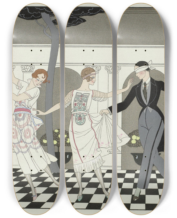 Triptych art skateboard deck of George Barbier Lamour Est Aveugle by George Barbier (1882-1932)