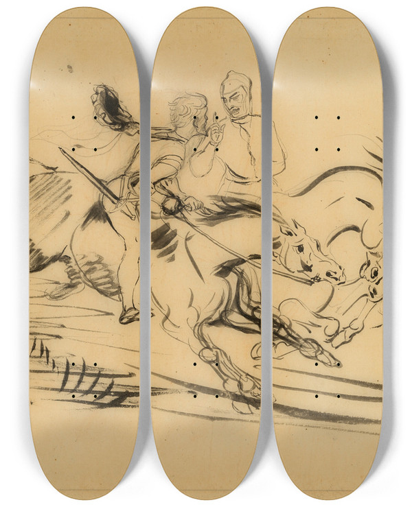 Triptych art skateboard deck of Eugne Delacroix Faust And Mephistopheles Galloping On Walpurgis Night by Eugene Delacroix (1798-1863)