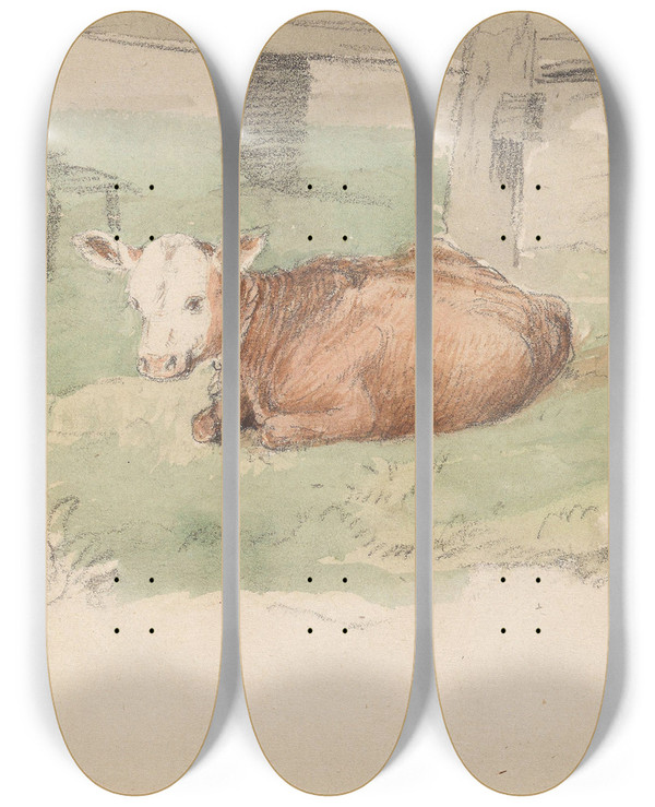 Triptych art skateboard deck of Adolph Tidemand Liggende Kalv by Adolph Tidemand (1814-1876)