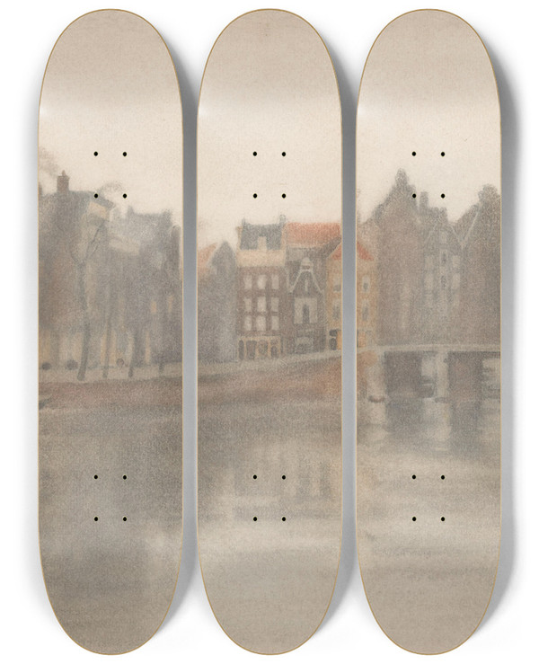 Triptych art skateboard deck of Willem Witsen De Oude Waal Te Amsterdam by Willem Witsen (1860-1923)