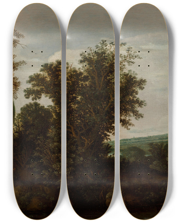 Triptych art skateboard deck of Hendrik Cornelisz Vroom A Wooded River Landscape With A Horseman Circa by Hendrik Cornelisz Vroom (1562-1640)