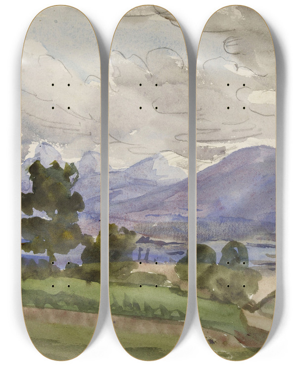 Triptych art skateboard deck of Marie Bracquemond Paysage De Divonne by Marie Bracquemond (1841-1916)