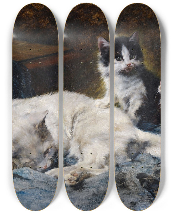 Triptych art skateboard deck of Julius Anton Adam Katzenmutter Mit Zwei Ktzchen by Julius Anton Adam (1852-1913)