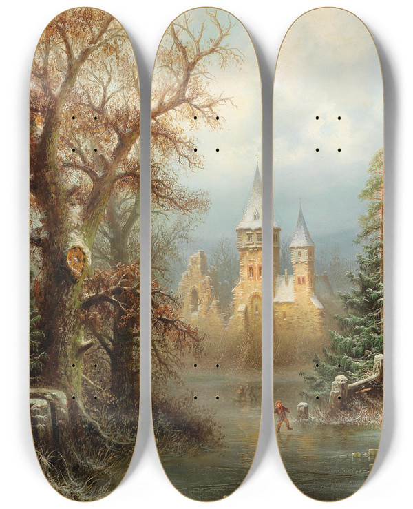 Triptych art skateboard deck of Albert Bredow Romantic Winter Landscape With Ice Skaters By A Castle by Albert Bredow (1828-1899)