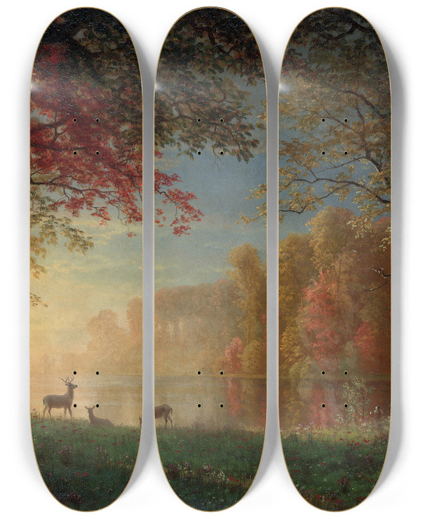 Triptych art skateboard deck of Albert Bierstadt Indian Sunset Deer By Alake by Albert Bierstadt (1830-1902)