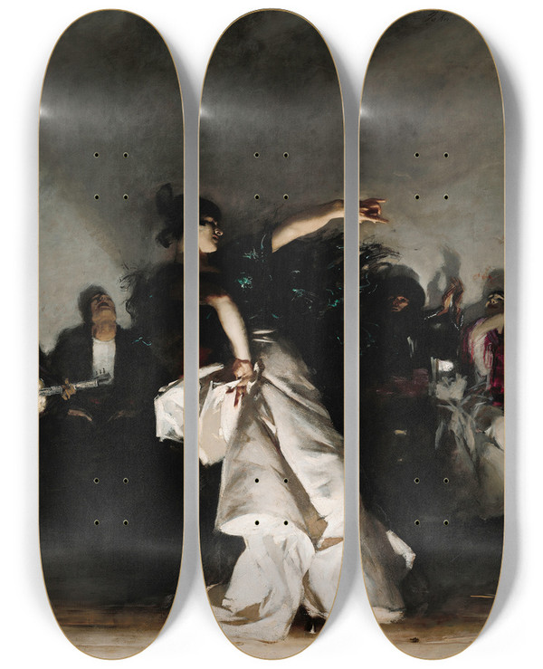 Triptych art skateboard deck of John Singer Sargent El Jaleo by John Singer Sargent (1856-1925)