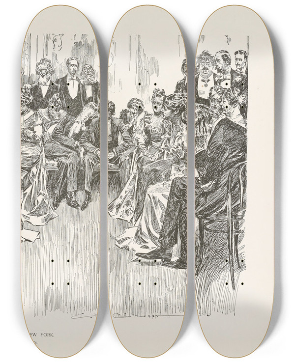 Triptych art skateboard deck of Charles Dana Gibson The Salons Of New York At Mrs Flat Sharps by Charles Dana Gibson (1867-1944)