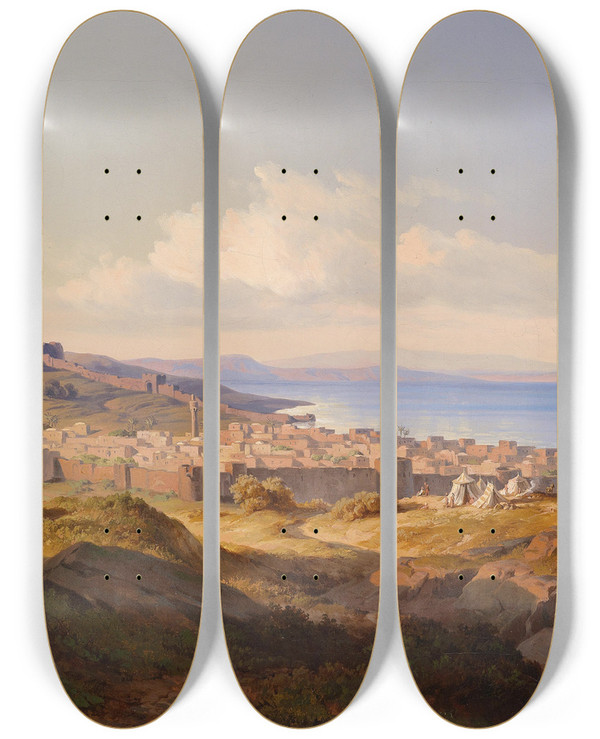 Triptych art skateboard deck of Edmund Von Wrndle Stadt Und See Tiberias by Edmund Von Worndle (1827-1906)