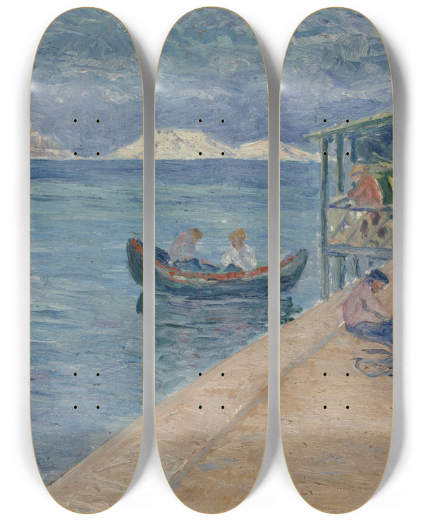 Triptych art skateboard deck of Ernst Schiess Beach With Fishermans Inn by Ernst Schiess (1872-1919)