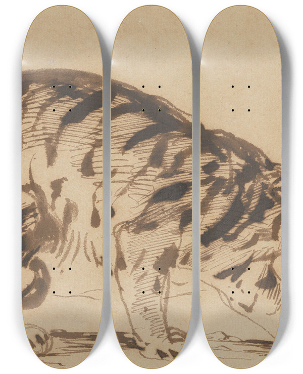 Triptych art skateboard deck of Eugne Delacroix Crouching Tiger by Eugene Delacroix (1798-1863)