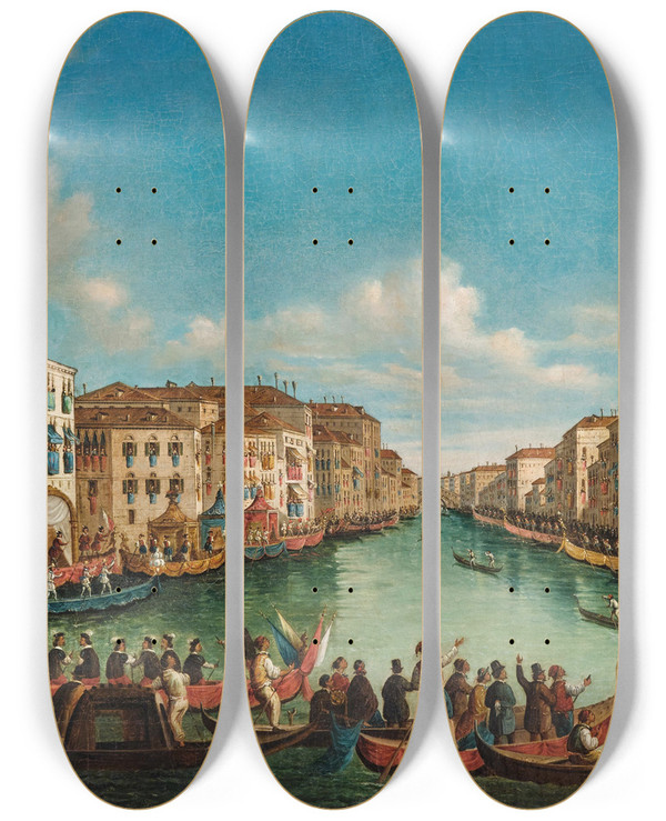 Triptych art skateboard deck of Giovanni Grubacs Ragatta On The Canal Grande Venice by Giovanni Grubacs (1829-1919)