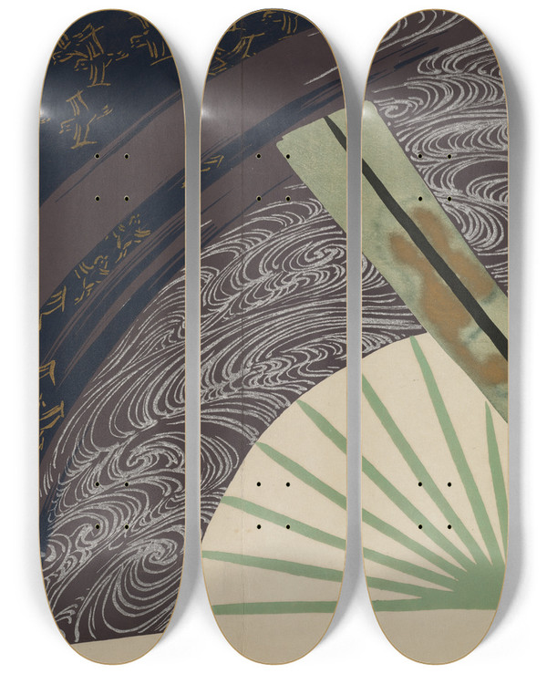 Triptych art skateboard deck of Kamisaka Sekka Folding Fans Suehiro by Kamisaka Sekka (1866-1942)