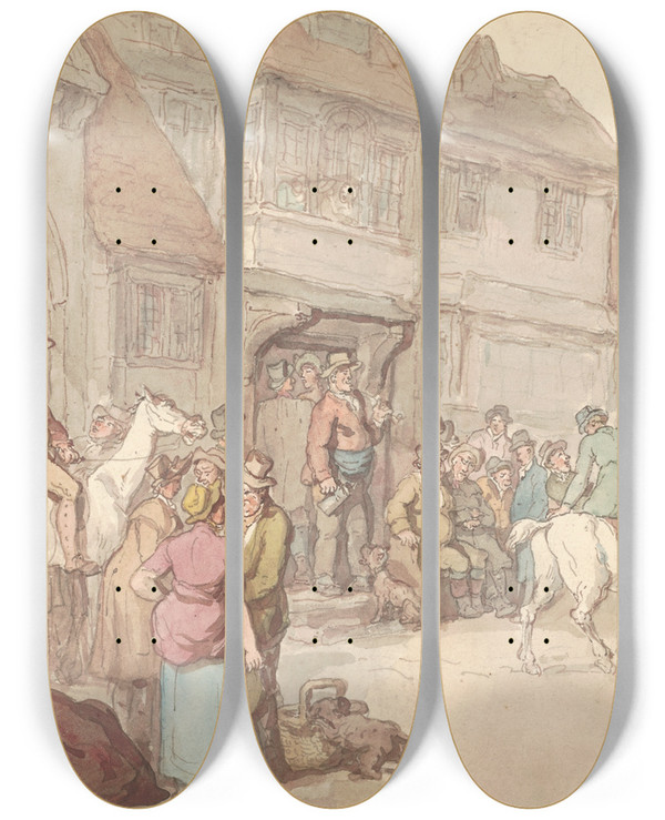 Triptych art skateboard deck of Thomas Rowlandson Cattle Market At York by Thomas Rowlandson (1756-1827)