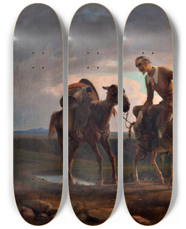 Triptych art skateboard deck of Wilhelm Marstrand Don Quixotes First Ride Home by Wilhelm Marstrand (1810-1873)