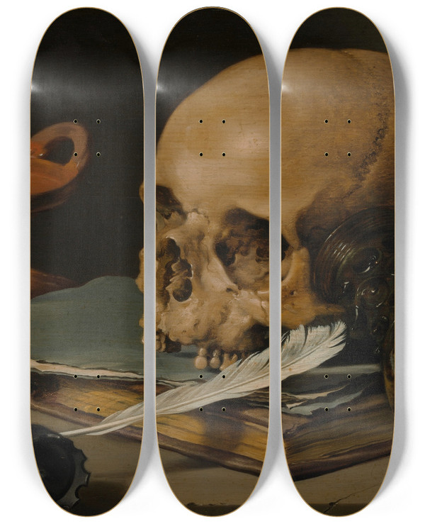 Triptych art skateboard deck of Pieter Claesz Still Life With A Skull And A Writing Quill by Pieter Claesz (1596-1660)