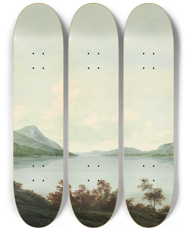 Triptych art skateboard deck of John Warwick Smith Lake Windermere From Rawlinsons Nab Looking Down The Lake by John Warwick Smith (1749-1831)