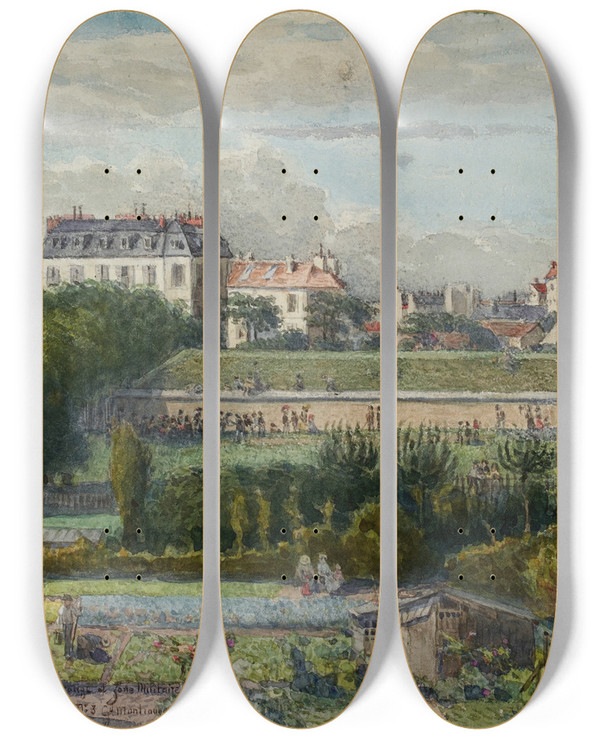 Triptych art skateboard deck of Flix Brard Vue De La Porte De Montrouge Et Des Jardins Prise De La Rue Lakanal Au Grandmontrouge by Felix Brard (19-20-)