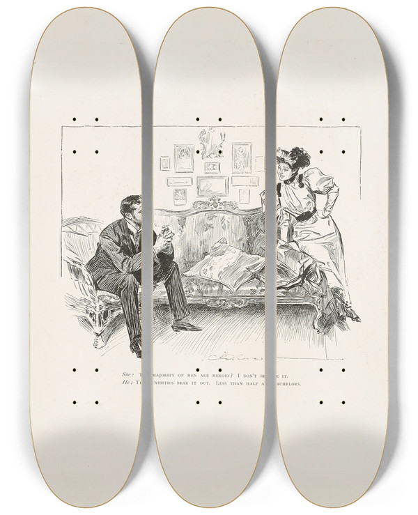 Triptych art skateboard deck of Charles Dana Gibson She The Majority Of Men Are Heroes by Charles Dana Gibson (1867-1944)