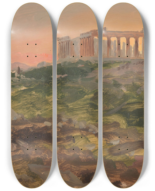 Triptych art skateboard deck of Frederic Edwin Church The Parthenon From The Southeast by Frederic Edwin Church (1826-1900)