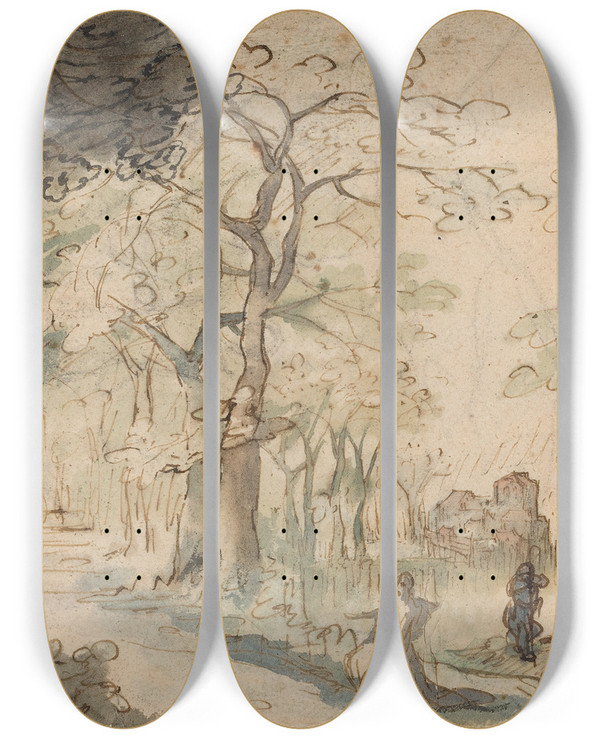 Triptych art skateboard deck of David Vinckboons Landscape With Elisha Mocked by David Vinckboons (1576-1629)