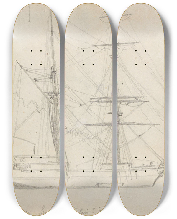 Triptych art skateboard deck of Hans Gude Skonnertbriggen Madamen Ved Snarya by Hans Gude (1825-1903)