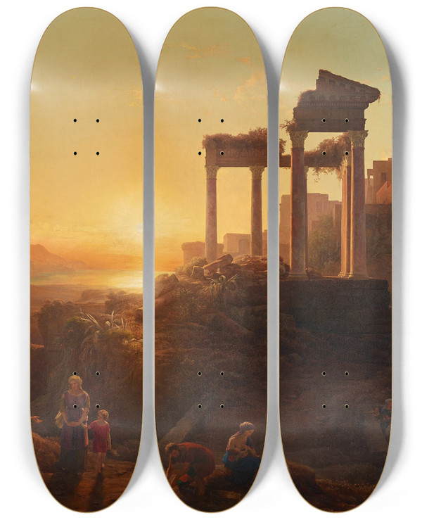 Triptych art skateboard deck of Kroly Mark Landschaft Mit Sonnenuntergang by Karoly Marko (1791-1860)