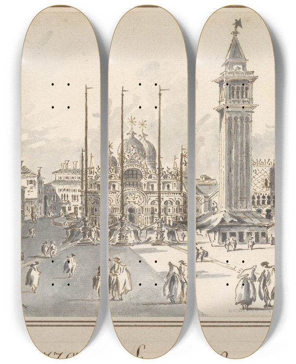 Triptych art skateboard deck of Giacomo Guardi Piazza San Marco Looking Toward The Basilica by Giacomo Guardi (1764-1835)