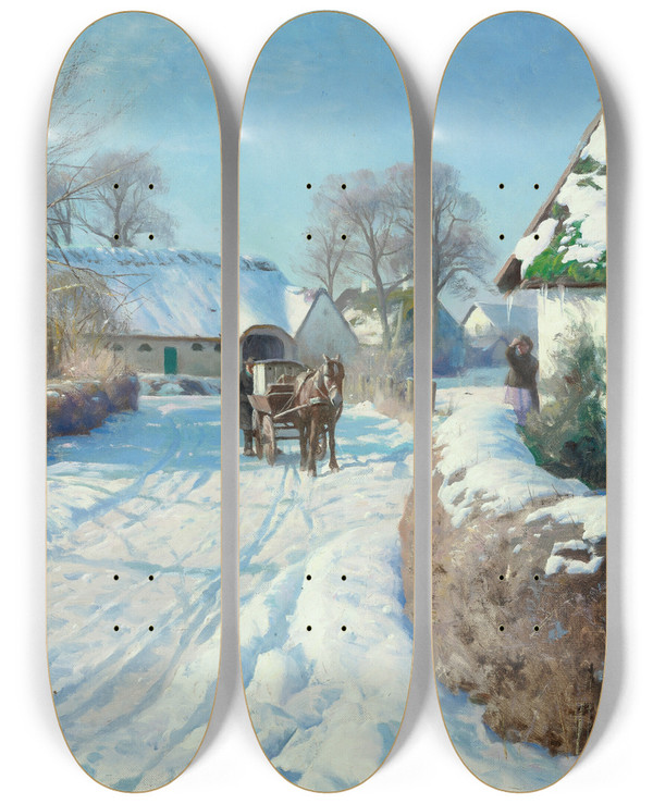 Triptych art skateboard deck of Peder Mrk Mnsted A Village In The Snow_2 by Peder Mork Monsted (1859-1941)