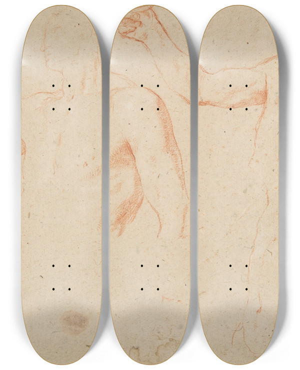 Triptych art skateboard deck of Andrea Sacchi Three Studies Of A Male Torso For The Coronation Of Marcantonio Pasqualini by Andrea Sacchi (1599-1661)
