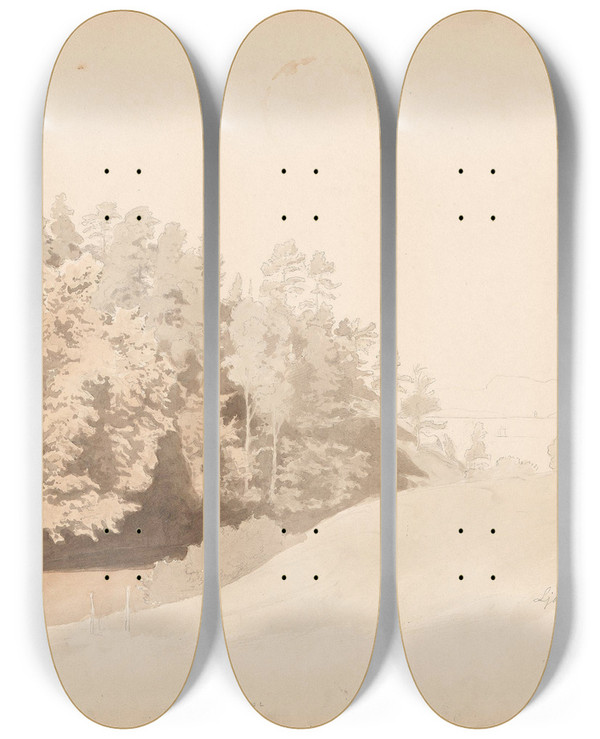 Triptych art skateboard deck of Hans Gude Fra Ljan by Hans Gude (1825-1903)