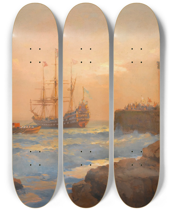 Triptych art skateboard deck of Alexei Vasilievich Hanzen Triumphant Ship Approaching The Harbour by Alexei Vasilievich Hanzen (1876-1937)