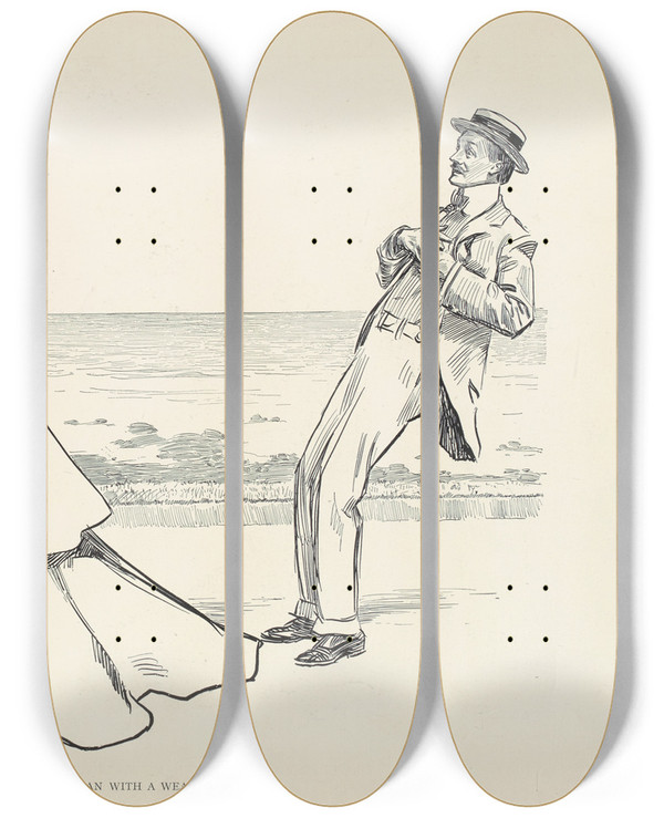 Triptych art skateboard deck of Charles Dana Gibson Accident To A Young Man With A Weak Heart_1 by Charles Dana Gibson (1867-1944)