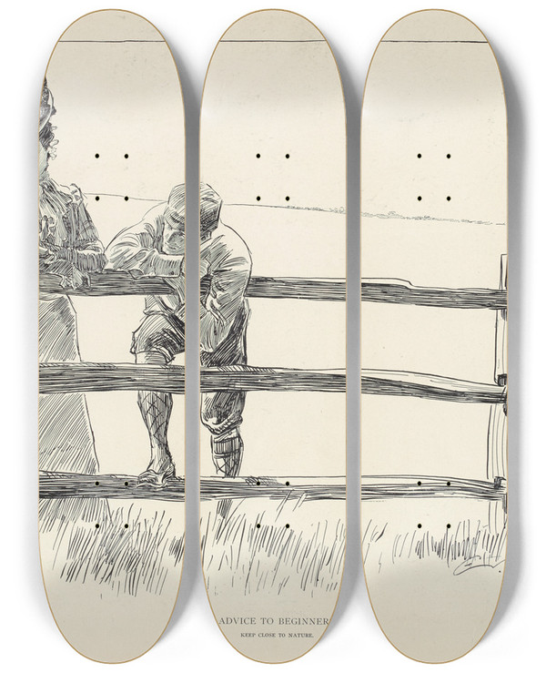 Triptych art skateboard deck of Charles Dana Gibson Advice To Beginners by Charles Dana Gibson (1867-1944)