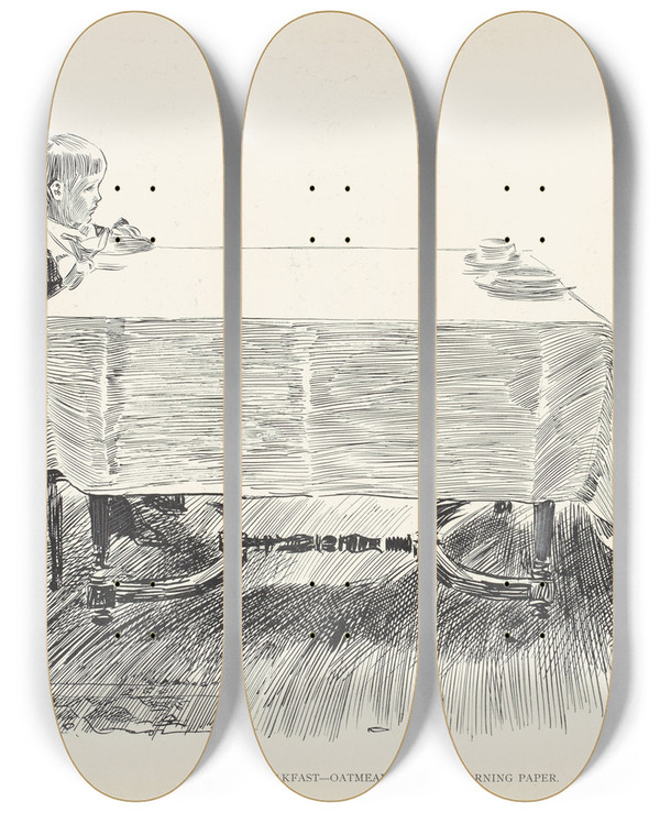 Triptych art skateboard deck of Charles Dana Gibson Breakfastoatmeal And The Morning Paper_1 by Charles Dana Gibson (1867-1944)