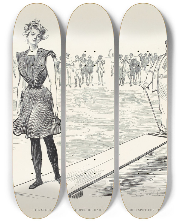 Triptych art skateboard deck of Charles Dana Gibson The Stout Gentleman Hoped He Had Found A Secluded Spot For The Honeymoon_1 by Charles Dana Gibson (1867-1944)