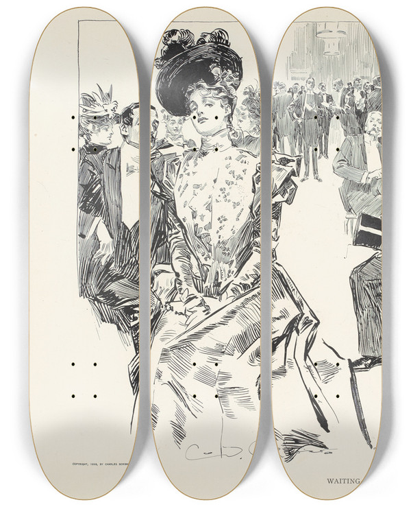 Triptych art skateboard deck of Charles Dana Gibson Waiting For Tables_1 by Charles Dana Gibson (1867-1944)
