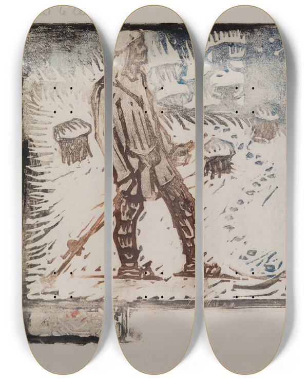 Triptych art skateboard deck of Akseli Gallenkallela Two Skiers Meet_4 by Akseli Gallen Kallela (1865-1931)