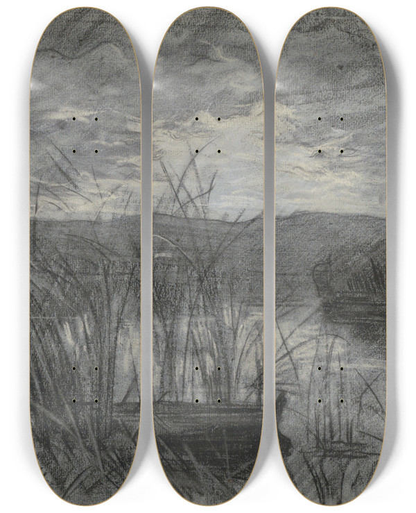 Triptych art skateboard deck of Jan Veth Landschap Met Een Roeiboot Tussen Het Riet Van Een Rivier by Jan Veth (1864-1925)