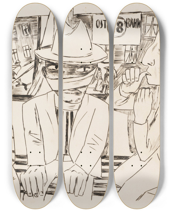 Triptych art skateboard deck of Max Beckmann In Der Trambahn by Max Beckmann (1884-1950)