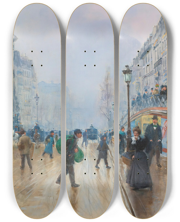 Triptych art skateboard deck of Jean Braud Le Boulevard Saintdenis Paris by Jean Beraud (1849-1935)