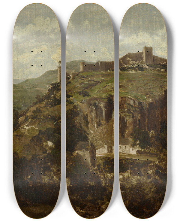 Triptych art skateboard deck of Thodore Rousseau Village Dauvergne by Theodore Rousseau (1812-1867)