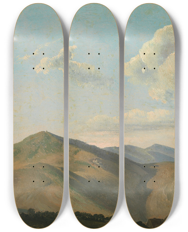 Triptych art skateboard deck of Simon Denis Mountainous Landscape At Vicovaro by Simon Denis (1755-1813)