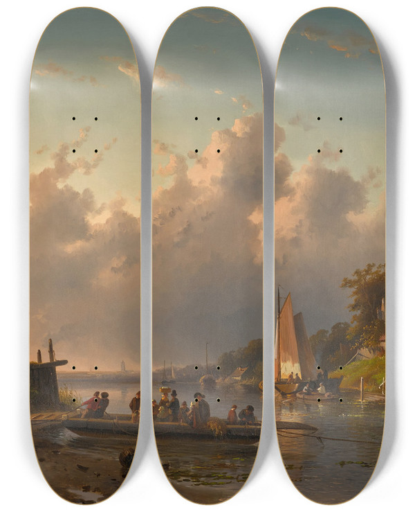 Triptych art skateboard deck of Charles Leickert Evening At The Riverbank by Charles Leickert (1816-1907)