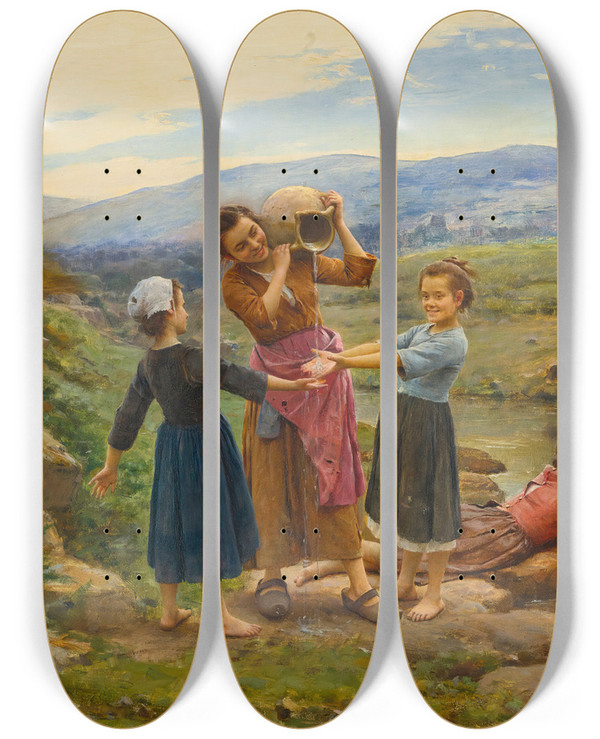Triptych art skateboard deck of Csar Pattein Playing By The River by Cesar Pattein (1850-1931)