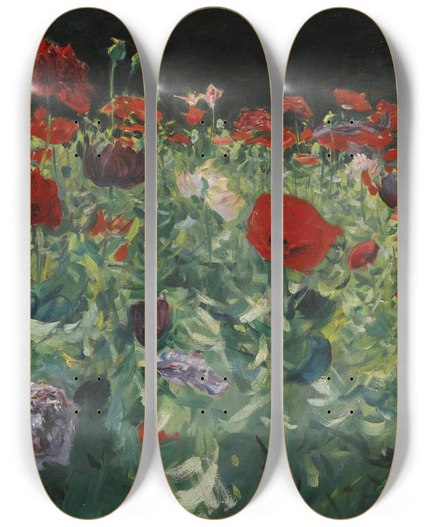 Triptych art skateboard deck of John Singer Sargent Poppies A Study Of Poppies For Carnation Lily Lily Rose by John Singer Sargent (1856-1925)
