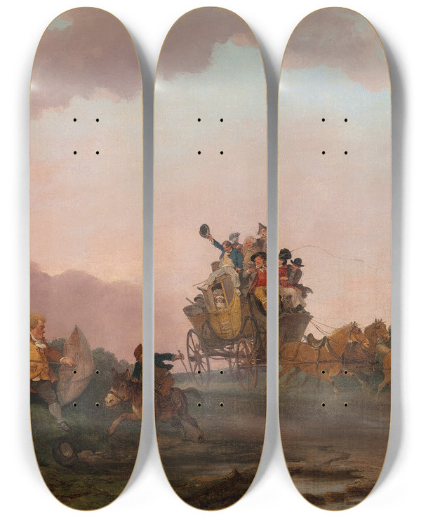 Triptych art skateboard deck of Philip James De Loutherbourg Revellers On A Coach by Philip James De Loutherbourg (1740-1812)